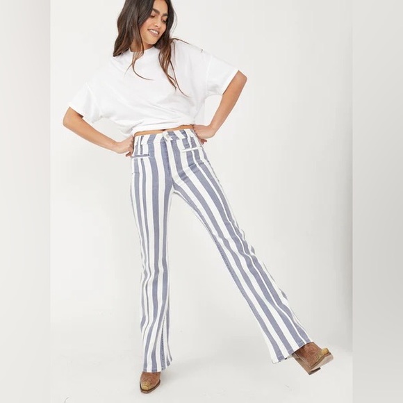 Free People Firecracker Striped Star High Waisted Flare Leg Stretch Denim Jeans - Picture 2 of 8